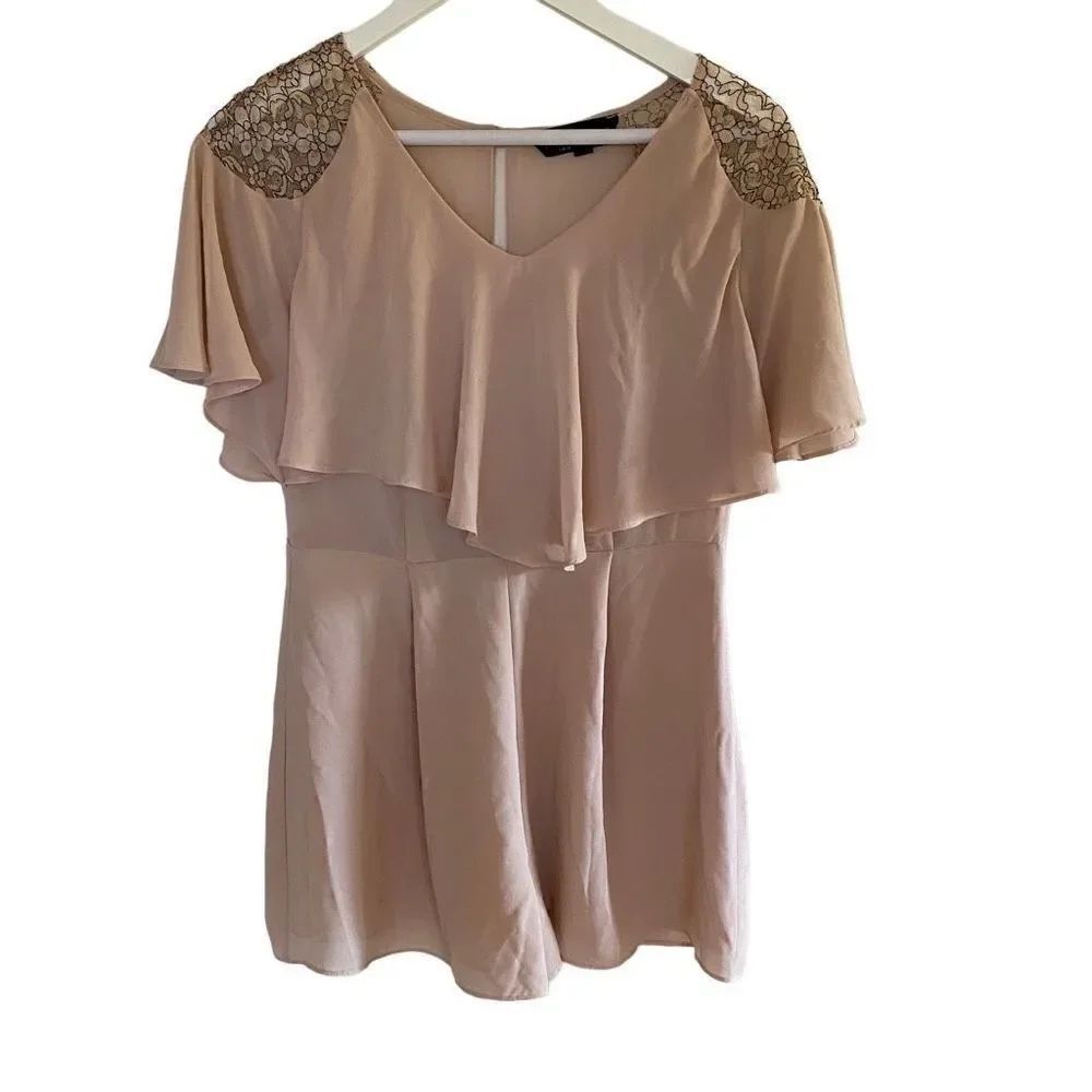TopShop Blush pink Romper Size 6 black floral lace shoulders peek a boo back zip
